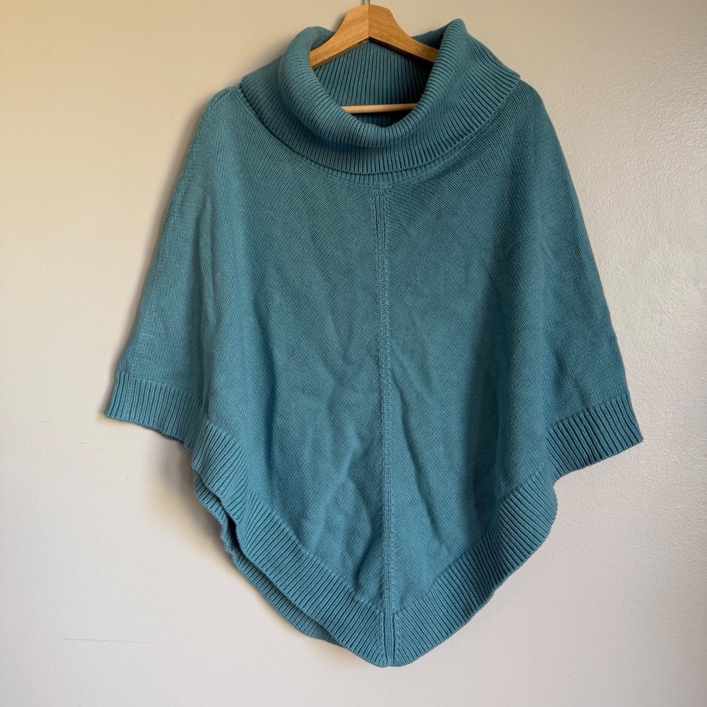 Talbots Plus Teal Blue Cowl Neck Poncho Sweater‎ Size X Cotton Blend Ribbed Knit